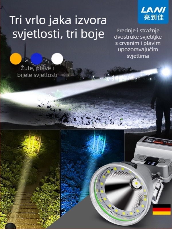 LED čelna lampica, punjiva litijska baterija, senzor pokreta, vodootporna, domet >500 m, za noćni ribolov na otvorenom