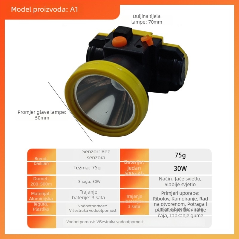 Čelna lampica za noćni ribolov, USB punjenje, aluminijska legura, LED, 3000 mAh, domet 200–500 m, 360° rotacija