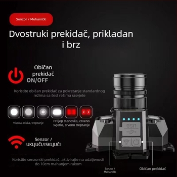 LED čelna lampa sa zumom i senzorom, ponovno punjiva 3000 mAh, laserski izvor, 360° rotacija