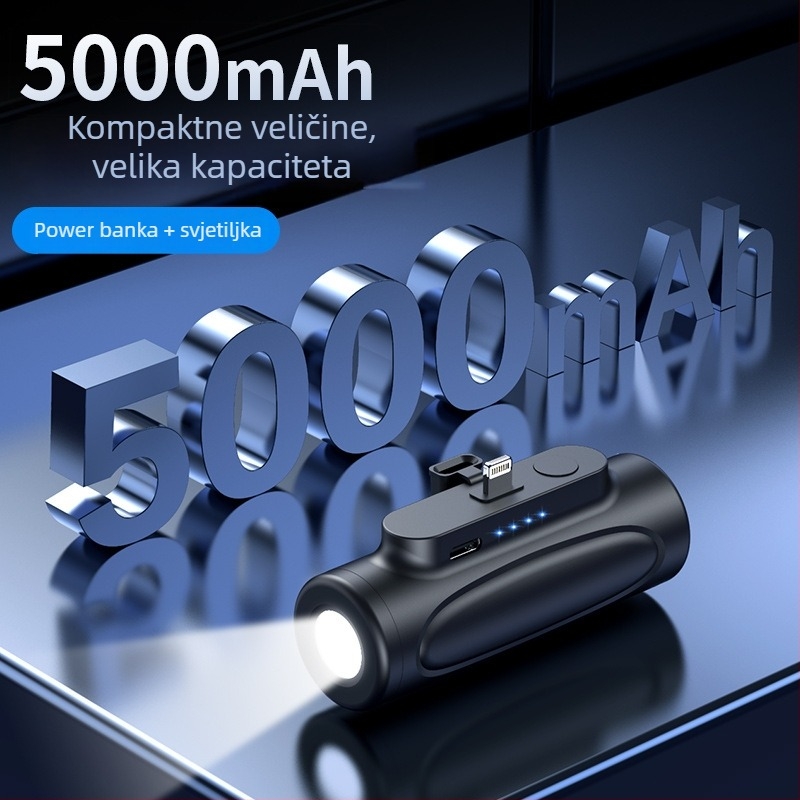 Kapsulna baterijska svjetiljka, mini prijenosna s baterijom od 5000mAh, LED svjetlo, prijenosni vanjski izvor napajanja