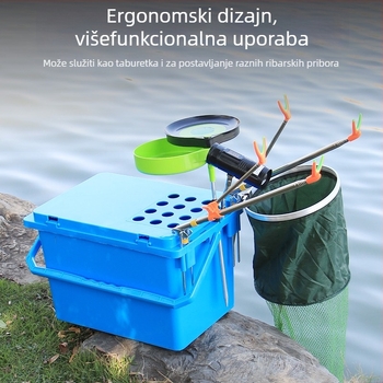 Kutija za ribolov sa sjedalom i integriranim spremnikom za žive ribe, monolitno tvrdo kućište, kapacitet 80+