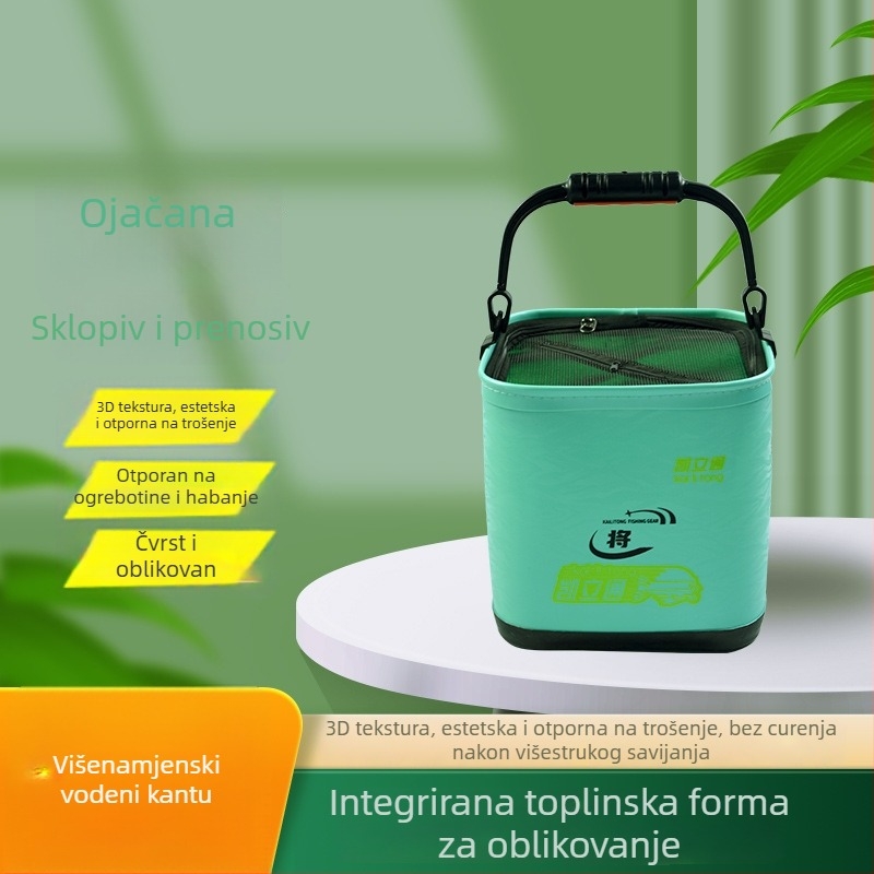 Sklopivi prijenosni spremnik za vodu za žive ribe, EVA debeli materijal, 350 g, s užetom i poklopcem, četvrtastog oblika