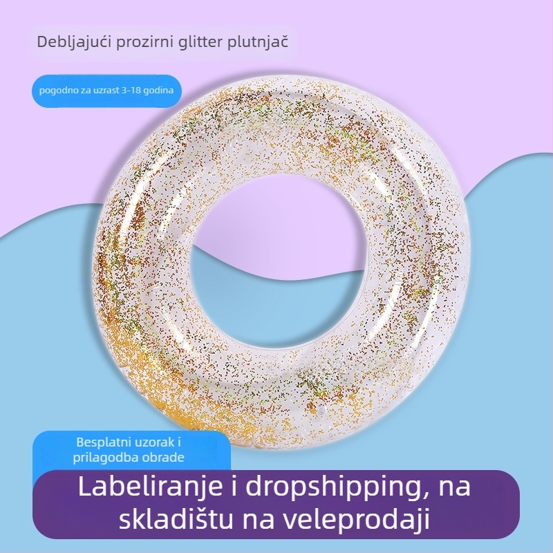 Dječji prozirni plivački prsten sa štrasom, PVC ekološki prihvatljiv, nadomak napuhavanja, debljina 0.25 mm, dizajn ispod pazuha za sprječavanje prevrnutja