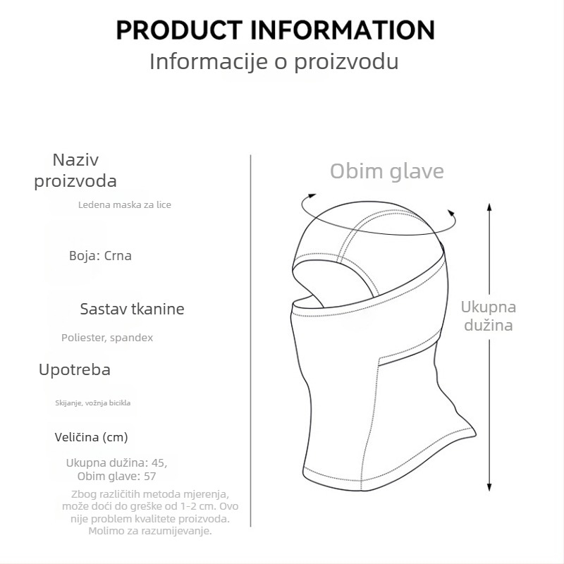 Maska za biciklizam s integriranom ovratnicom za zimsku zaštitu lica, materijal: Spandex/Lycra, unisex