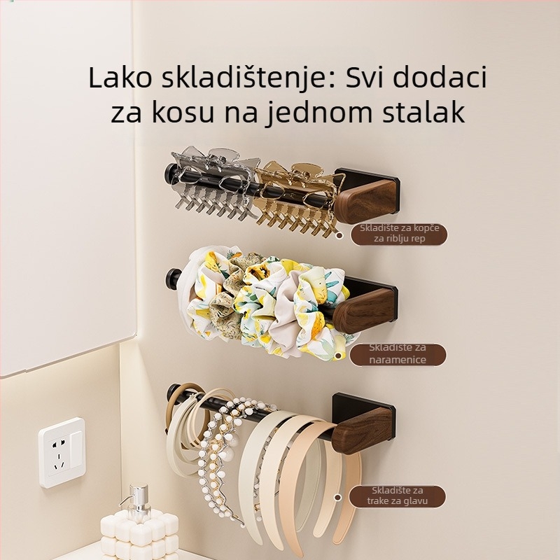 Zidni organizator gumica za kosu – stalak za nakit od ugljičnog čelika i drveta, za spremanje šminke i nakita