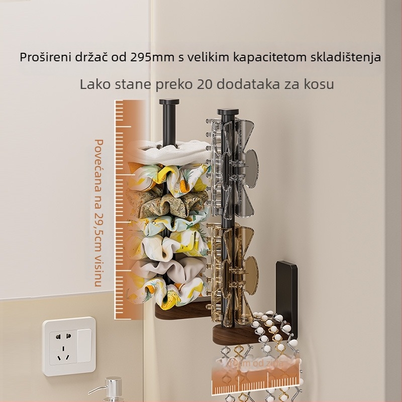 Zidni organizator gumica za kosu – stalak za nakit od ugljičnog čelika i drveta, za spremanje šminke i nakita