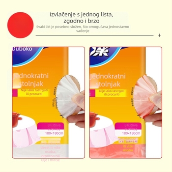 Jednokratni stolnjak od PE-a, kvadratnog oblika, debelog sloja, bez uzorka, nerazgradljiv.