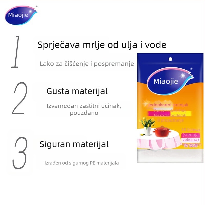 Jednokratni stolnjak od PE-a, kvadratnog oblika, debelog sloja, bez uzorka, nerazgradljiv.