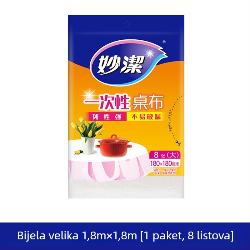 Jednokratni stolnjak od PE-a, kvadratnog oblika, debelog sloja, bez uzorka, nerazgradljiv.