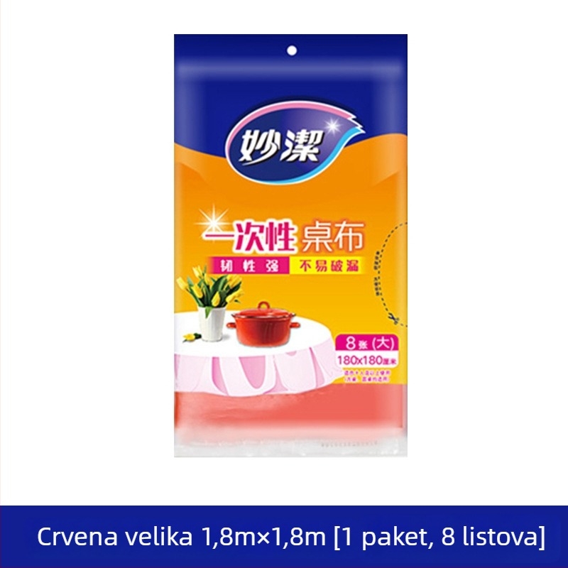 Jednokratni stolnjak od PE-a, kvadratnog oblika, debelog sloja, bez uzorka, nerazgradljiv.