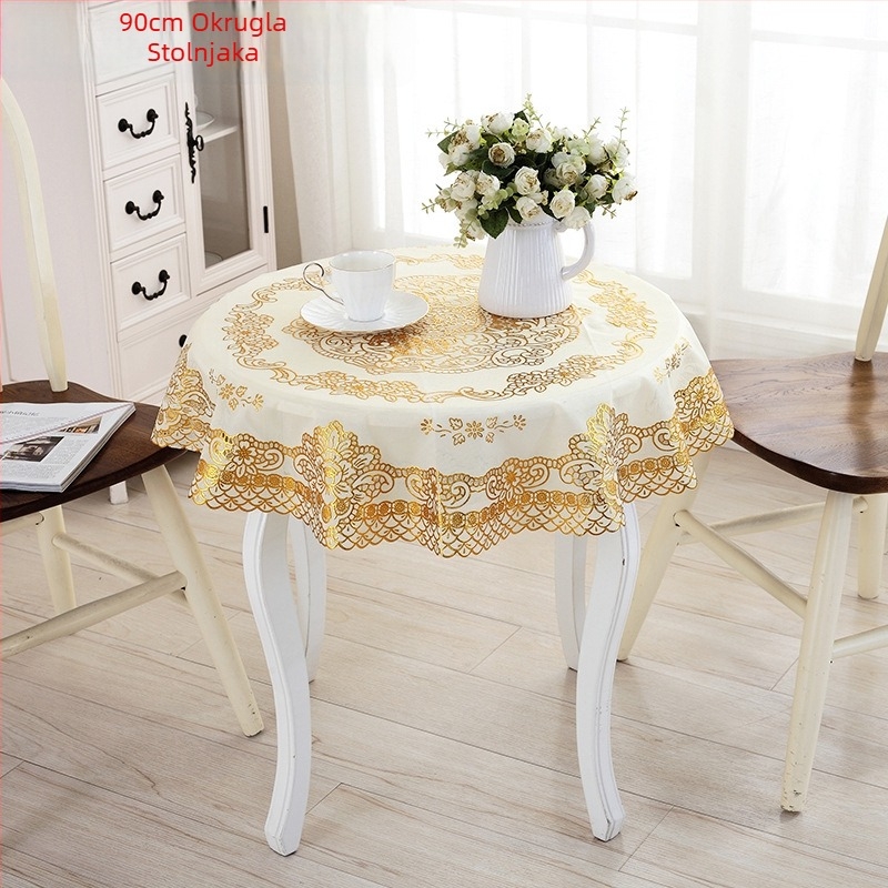 Kružni jednokratni PVC stolnjak s zlatnom i srebrnom folijom; materijal: PVC s toplim otiskom; oblik: kružni; uzorak: 22648587913; sadržaj vlakana: 50; funkcije: protuklizno, otporan na prašinu, visoka temperaturna otpornost, dekorativan