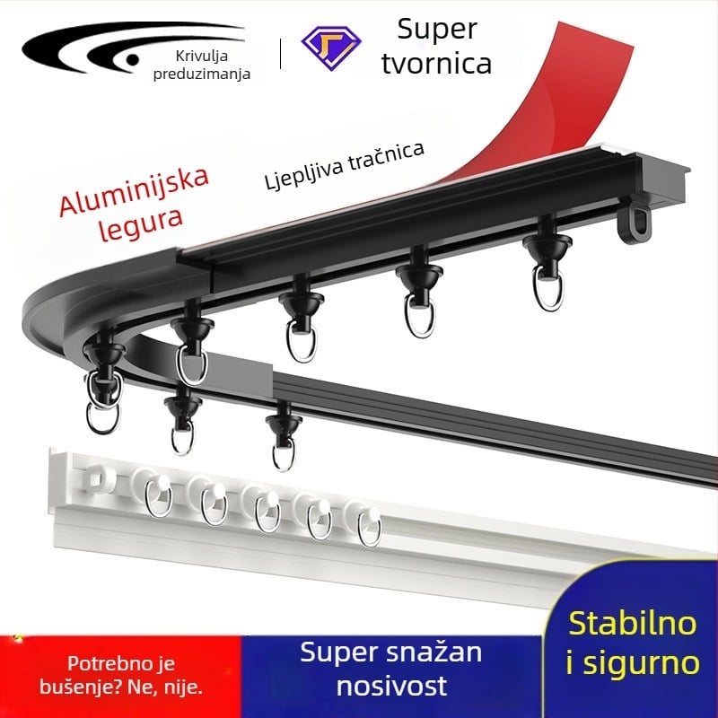Unutarnja šina za zavjese, Slim Mini Straight Rail, aluminijska legura, samoljepljiva montaža, tip zavjese: viseći, s brtvnim perlama