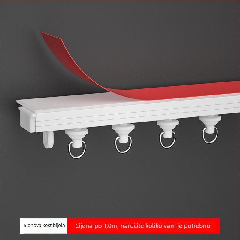 Unutarnja šina za zavjese, Slim Mini Straight Rail, aluminijska legura, samoljepljiva montaža, tip zavjese: viseći, s brtvnim perlama