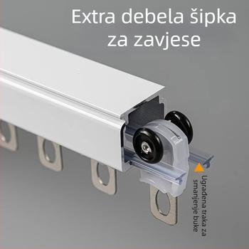 Tiha aluminijska ravna šina za zavjese s rollerima i kugličnim ležajevima, ojačana, jednokanalska ili dvokanalska staza, gornja ili bočna montaža