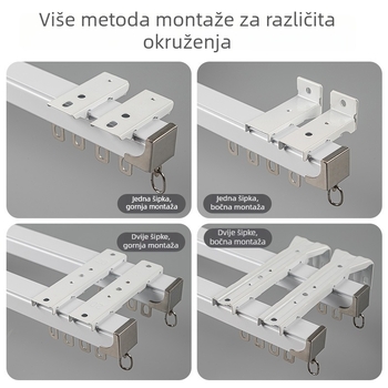 Tiha aluminijska ravna šina za zavjese s rollerima i kugličnim ležajevima, ojačana, jednokanalska ili dvokanalska staza, gornja ili bočna montaža