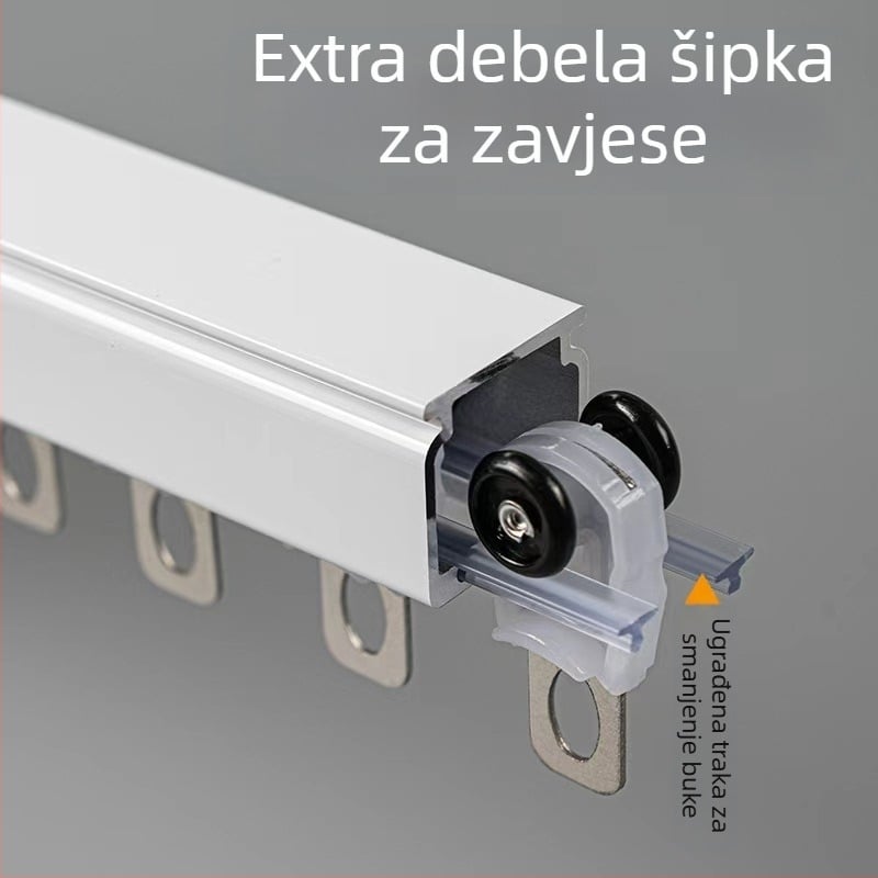 Tiha aluminijska ravna šina za zavjese s rollerima i kugličnim ležajevima, ojačana, jednokanalska ili dvokanalska staza, gornja ili bočna montaža