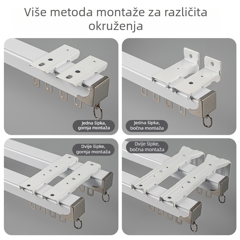 Tiha aluminijska ravna šina za zavjese s rollerima i kugličnim ležajevima, ojačana, jednokanalska ili dvokanalska staza, gornja ili bočna montaža