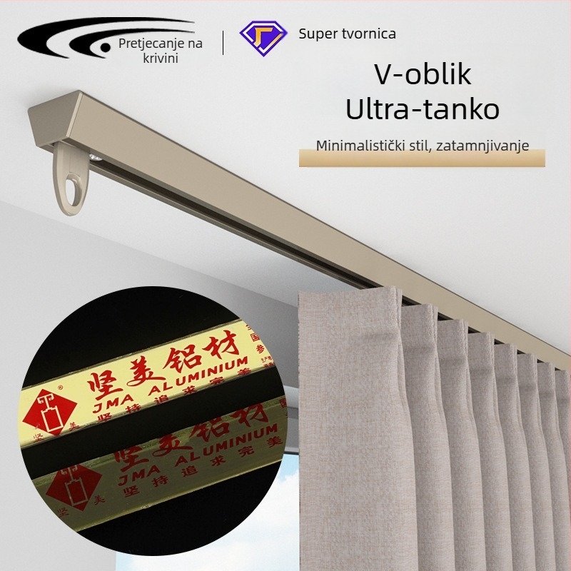 V-oblik aluminijska šina za zavjese, ultra tanka, za erker i balkon, model 1099, bez rupa