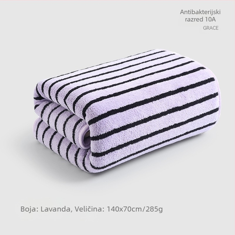 Kupaonski/plažni ručnik s širokim prugama, antibakterijski koralni velvet, dvostrani, mekan i upijajući, 200–300 g/m², 100% poliester