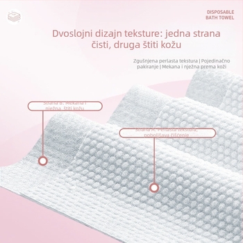 Jednokratna kupaonska krpa – viskozni vlakna, brzo upijanje 0–5 s, tkanina običnog tkanja, komprimirano i zdebano, pojedinačno pakirano za hotele i putovanja