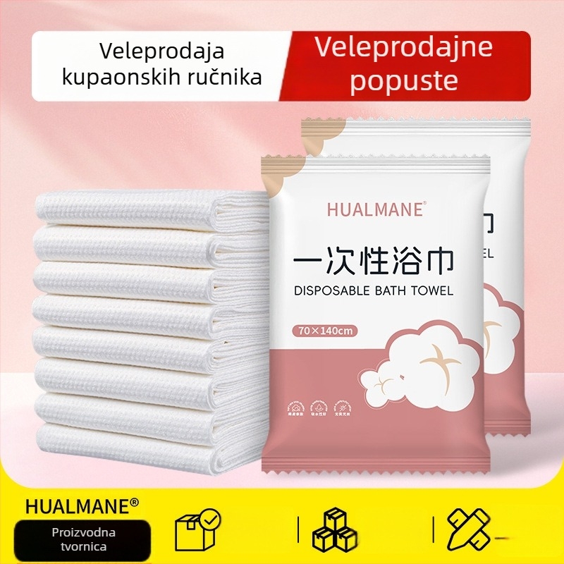 Jednokratna kupaonska krpa – viskozni vlakna, brzo upijanje 0–5 s, tkanina običnog tkanja, komprimirano i zdebano, pojedinačno pakirano za hotele i putovanja