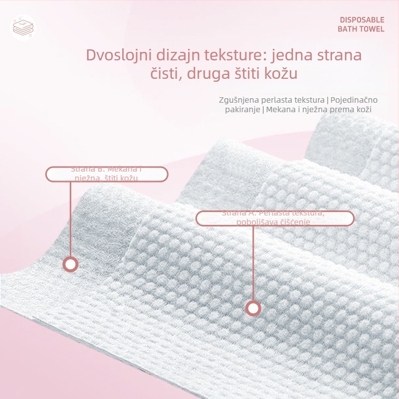 Jednokratna kupaonska krpa – viskozni vlakna, brzo upijanje 0–5 s, tkanina običnog tkanja, komprimirano i zdebano, pojedinačno pakirano za hotele i putovanja