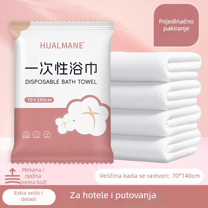 Jednokratna kupaonska krpa – viskozni vlakna, brzo upijanje 0–5 s, tkanina običnog tkanja, komprimirano i zdebano, pojedinačno pakirano za hotele i putovanja