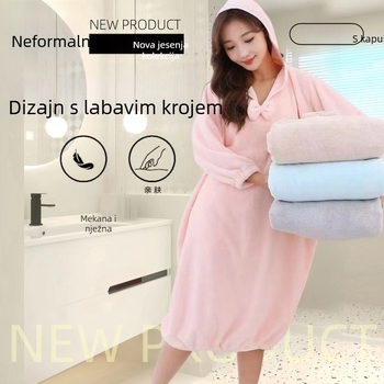 Ženski zimski ogrtač za kupaonicu od koralnog velura s kapuljačom, dugi rukavi, 100% poliester, 310 g