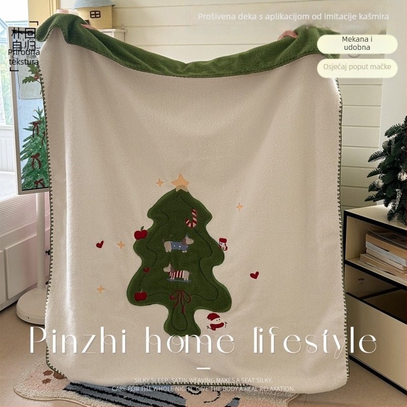 Božićna pliš deka s imitacijom vune, 180×210 cm, 100% poliester, crtani motiv, topla i mekana, za spavaću sobu ili kauč