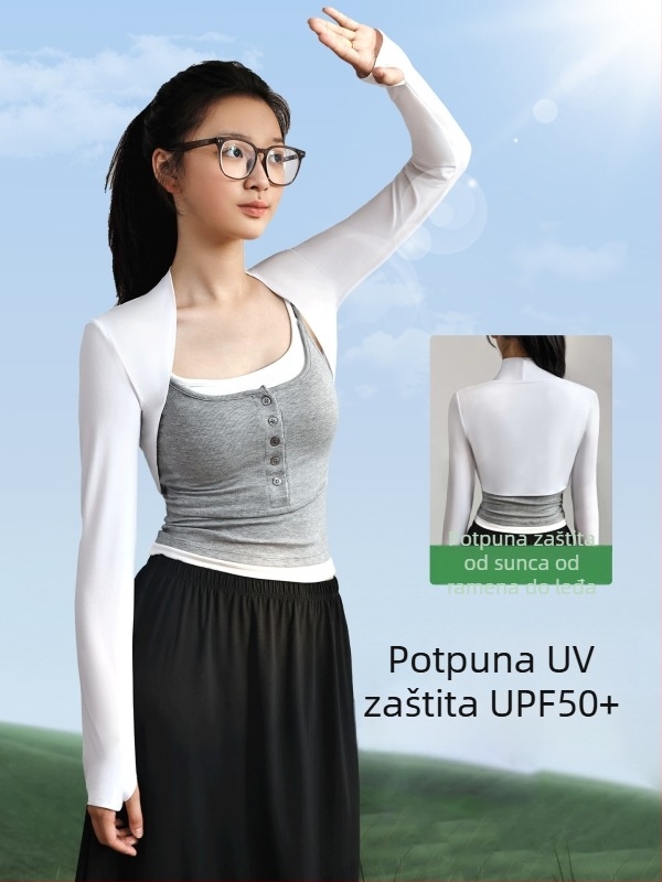 Top s kap-stilom, brzo suši, UV zaštita UPF50+, dugi rukavi, ultra kratka duljina, bez kopči, poliester-elastan smjesa