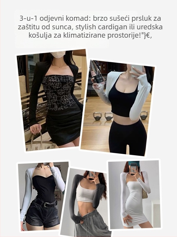 Top s kap-stilom, brzo suši, UV zaštita UPF50+, dugi rukavi, ultra kratka duljina, bez kopči, poliester-elastan smjesa