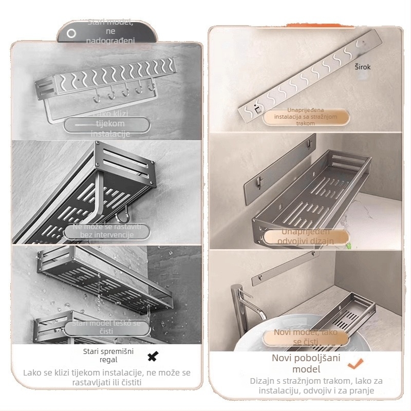 Zidna polica za kupaonicu, 1 etaža, bez bušenja, CE certifikat