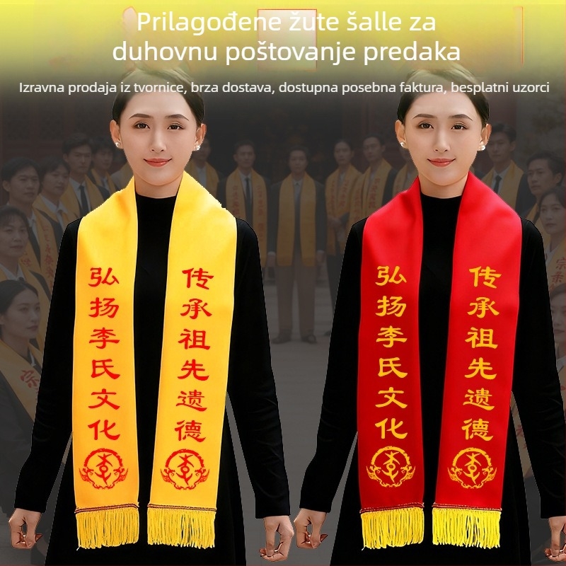 Satenski šal s ušivenim logom, za sve sezone, srednje duljine, svestran