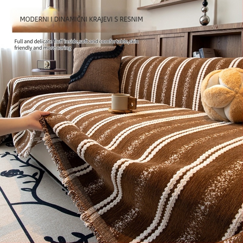 Chenille navlaka za kutnu sofu – Mid-Century stil, prugasti uzorak, minimalistički, prilagodljiva