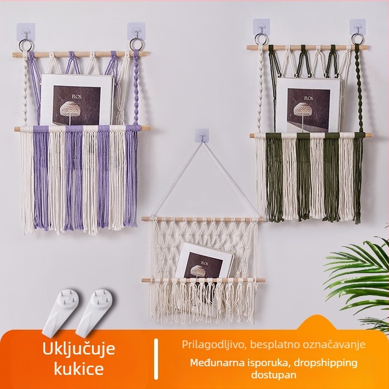 Regal za pohranu od pamukovog užeta, ručno tkana tapiserija, pravokutnog oblika, moderni minimalistički stil