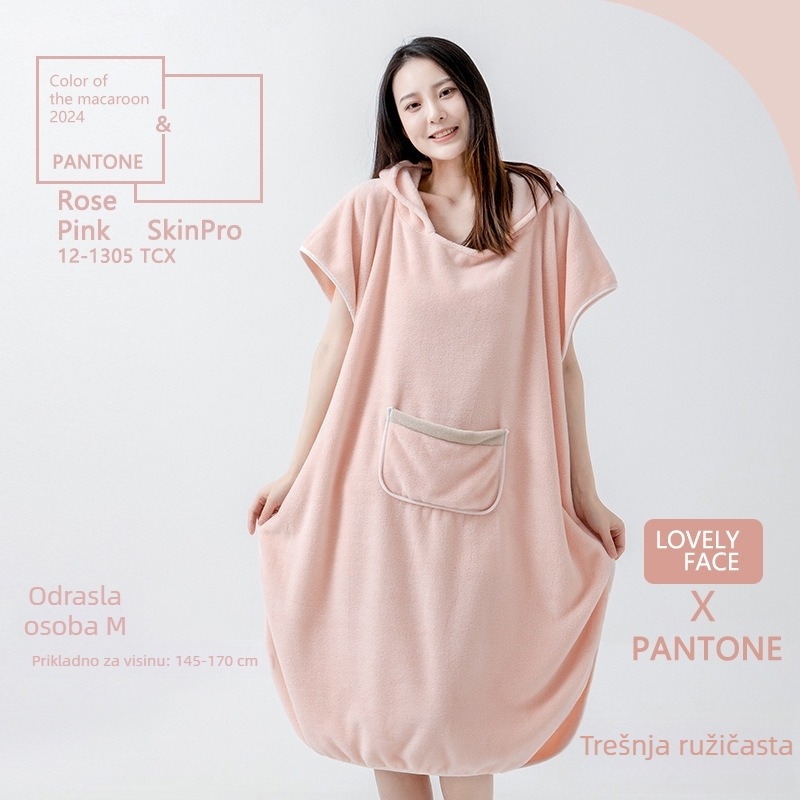 Odrasli halat s kapuljom od coral fleece-a, kratkih rukava, upija i brzo se suši; nosivi ručnik-odjevni set za jesen/zimu (porodična serija)