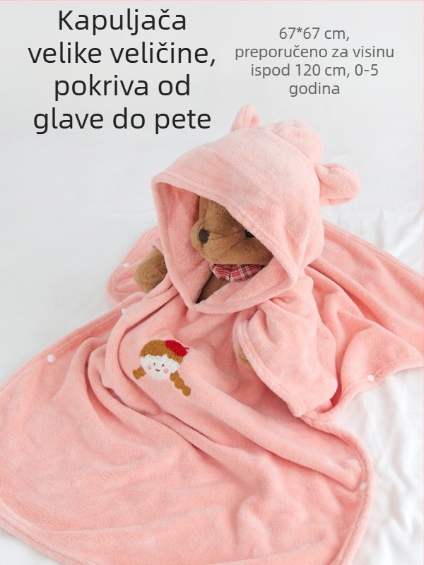 Dječji ručnik za kupanje s kapuljom, cartoon dizajn, koralni velur, upijajući, za bebe i djecu od 1 do 3 godine