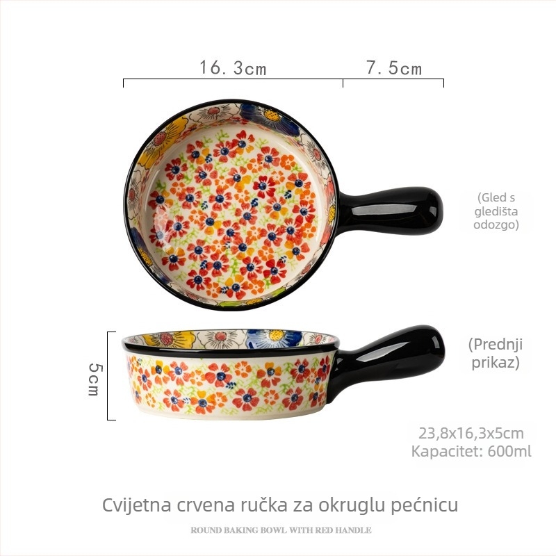 Keramički pleh za pečenje s nepravilnim oblikom, cvjetnim uzorkom i boemskom ručkom, pogodan za mikrovalnu
