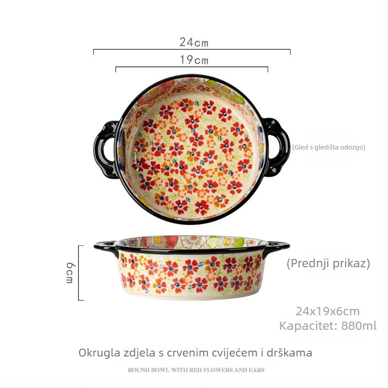 Keramički pleh za pečenje s nepravilnim oblikom, cvjetnim uzorkom i boemskom ručkom, pogodan za mikrovalnu