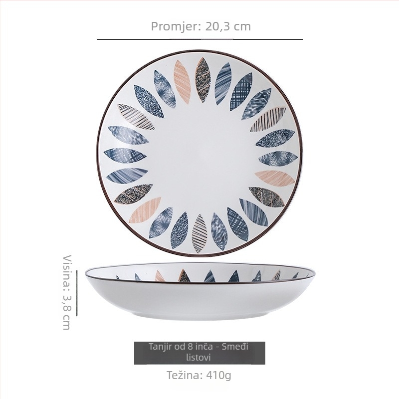 Japanski stil porcelanski set tanjura s podglazurnim cvjetnim uzorkom, okrugli oblik, pogodan za mikrovalnu pećnicu