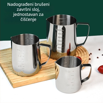Vrč za latte art s izljevom i mjernom skalom, od nehrđajućeg čelika, moderni minimalistički dizajn, premium kvalitete, pogodno za ured, dom i kafić