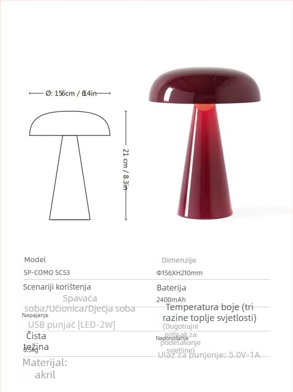 Stolna lampa s gljivastim oblikom, USB punjiva ambijentalna noćna svjetiljka, model Xy36, plastični držač, moderni minimalistički stil