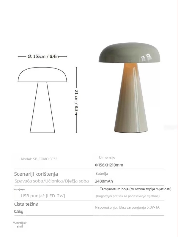 Stolna lampa s gljivastim oblikom, USB punjiva ambijentalna noćna svjetiljka, model Xy36, plastični držač, moderni minimalistički stil