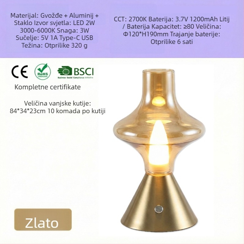 NHCL-020 Antička klasična staklena stolna lampa s metalnom nosačem, dodirni-dimmer i noćno svjetlo