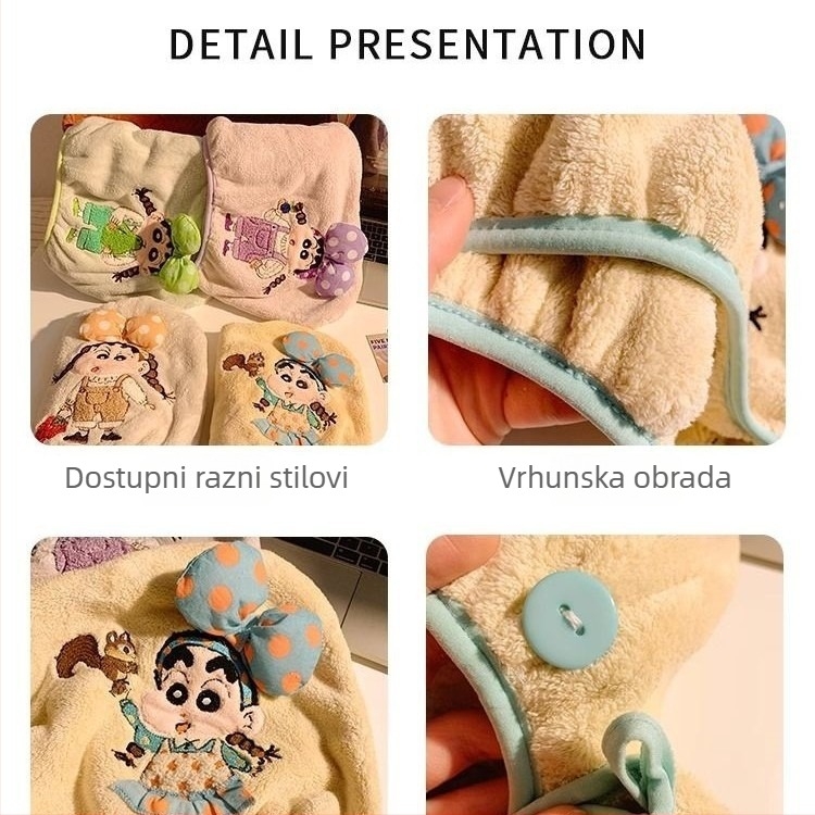 Slatka šivana Shin-Chan kapa za sušenje kose, koralni flis, 150d vlakno, šest vlakana konstrukcija, težina ispod 30 g, 3D mašna turbanu