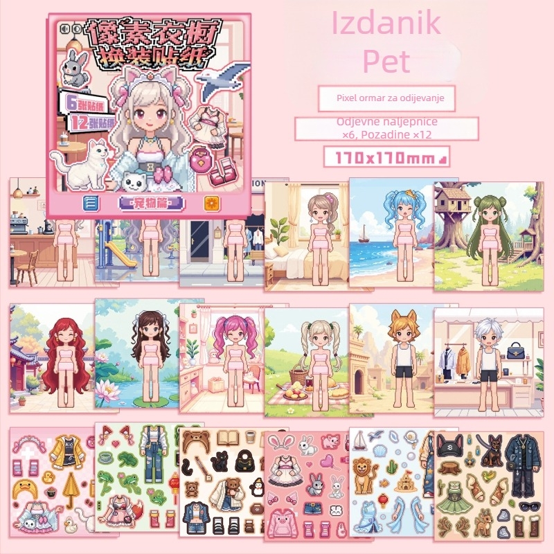 Xinmo Pixel garderoba za mijenjanje odjeće s naljepnicama – premazani papir, pixelski stil, naljepnice i tisak, ručna izrada