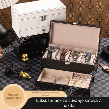 Dvostruka kutija za satove i nakit, 4 pretinca, PU koža + MDF, na skladištu, brend Yida, namijenjena pakiranju nakita