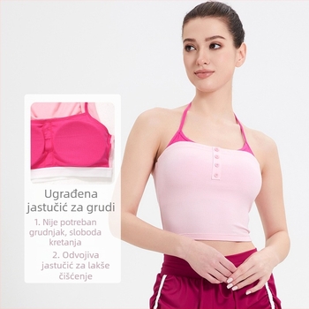 Ženski sportski top s jastučićem za prsa, bez rukava, halter vrat, 3/4 šalice, oblikovane čaše, odvojiva traka za vrat, pamuk 90% elastan 10%
