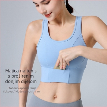 Sportski grudnjak u vestnom stilu za trčanje i fitness; 3/4 košarica, tanke oblikovane šalice, fiksirane dvostruke naramenice, stražnji petredni kopči; glavni materijal najlon 75% / podstava spandeks 25%