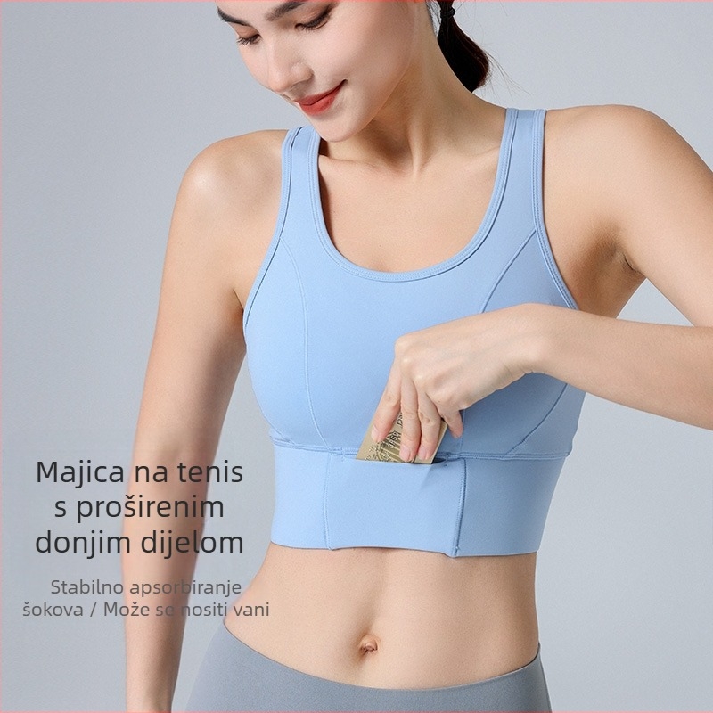 Sportski grudnjak u vestnom stilu za trčanje i fitness; 3/4 košarica, tanke oblikovane šalice, fiksirane dvostruke naramenice, stražnji petredni kopči; glavni materijal najlon 75% / podstava spandeks 25%